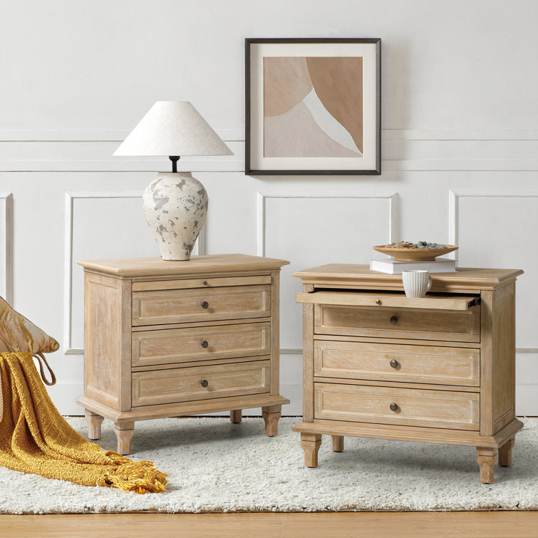 Arthelia Traditional 3 - Drawer Nightstand with Built-in Charging Station and Pull-out Shelf (Set of 2)