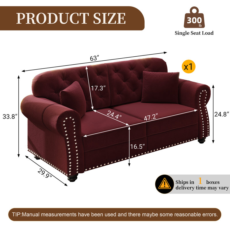 Canapé Chesterfield 63 po en velours, Rouge