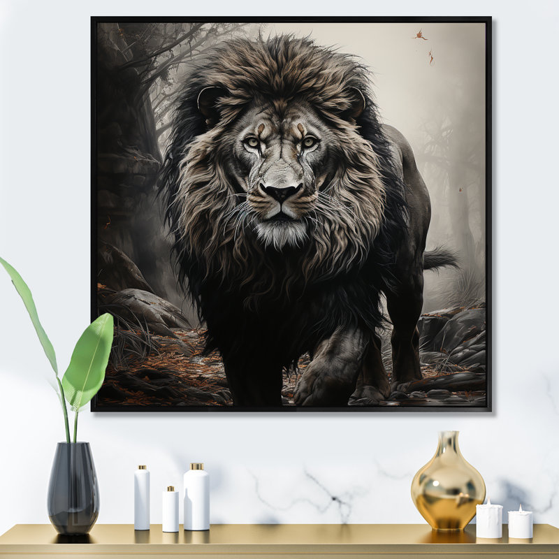 Décoration murale lion ombres de la fierté 2 - Lion, Cadre flottant doré, H 16 po x l 16 po x P 1 po