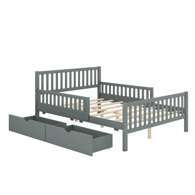 Lit plateforme en bois avec garde-corps des deux côtés et deux tiroirs de rangement, Gris