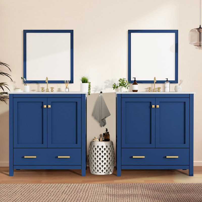 Ensemble de meuble-lavabo moderne 60 ", meuble-lavabo double séparé avec double lavabo en céramique (miroir non inclus), Bleu