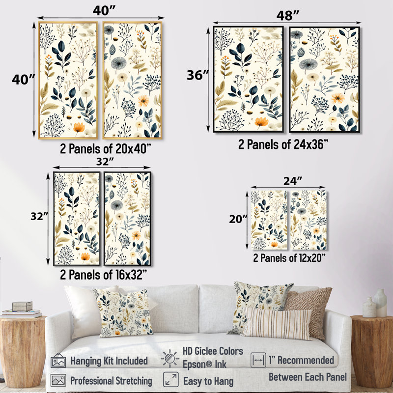 Botanique esquissé - Plantes florales, impressions sur toile, 36" H x 48" W, Impression encadrée flottante, Black