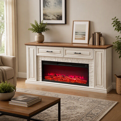Meuble télé moderne blanc de style ferme avec foyer électrique intégré de 178 cm (70 pouces), en MDF, avec foyer de 107 cm (42 pouces), 3 tiroirs dissimulés, 7 couleurs de flamme, capacité de 136 kg (300 lb), télécommande et minuterie.