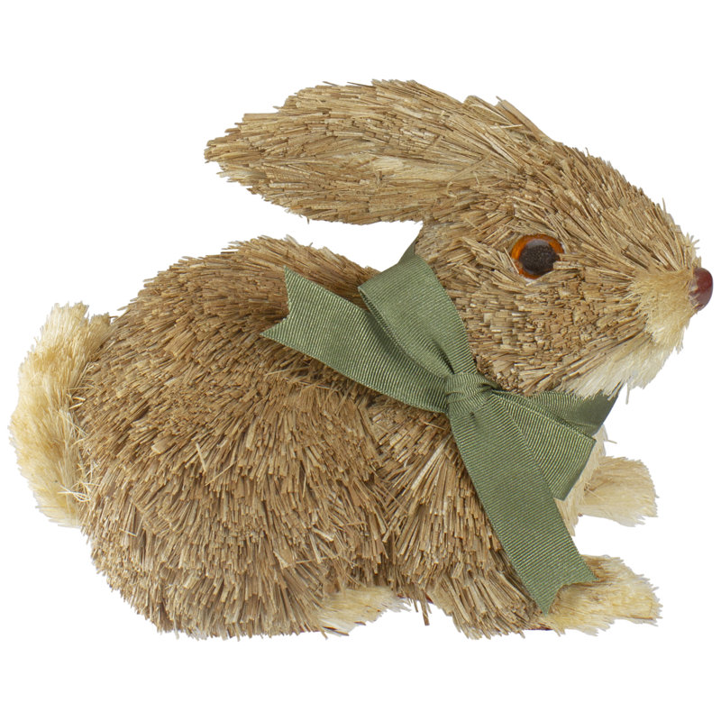 Brown Sisal Bunny Rabbit Figurine with Green Ribbon