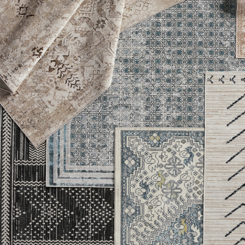 Phoebe Machine WashableOriental Area Rug in Cream/Blue, Rectangle 7'10" x 10'
