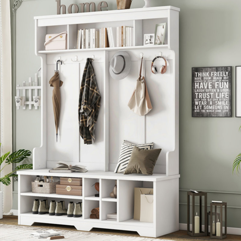 Modern Hall Tree With Metal Hooks, 3 Compartments, Shoe Cubbies And Wide Bench, White