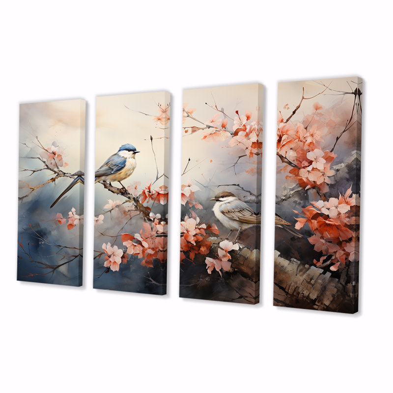 «Pink and Blue Birds on Blossom Tree II», art mural 4 pièces, H 28 po x l 48 po