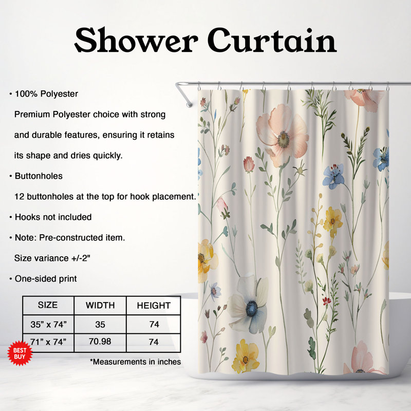 Rideau de douche 1 pièce Subtle Meadow Florals, H 74 po x l 71 po