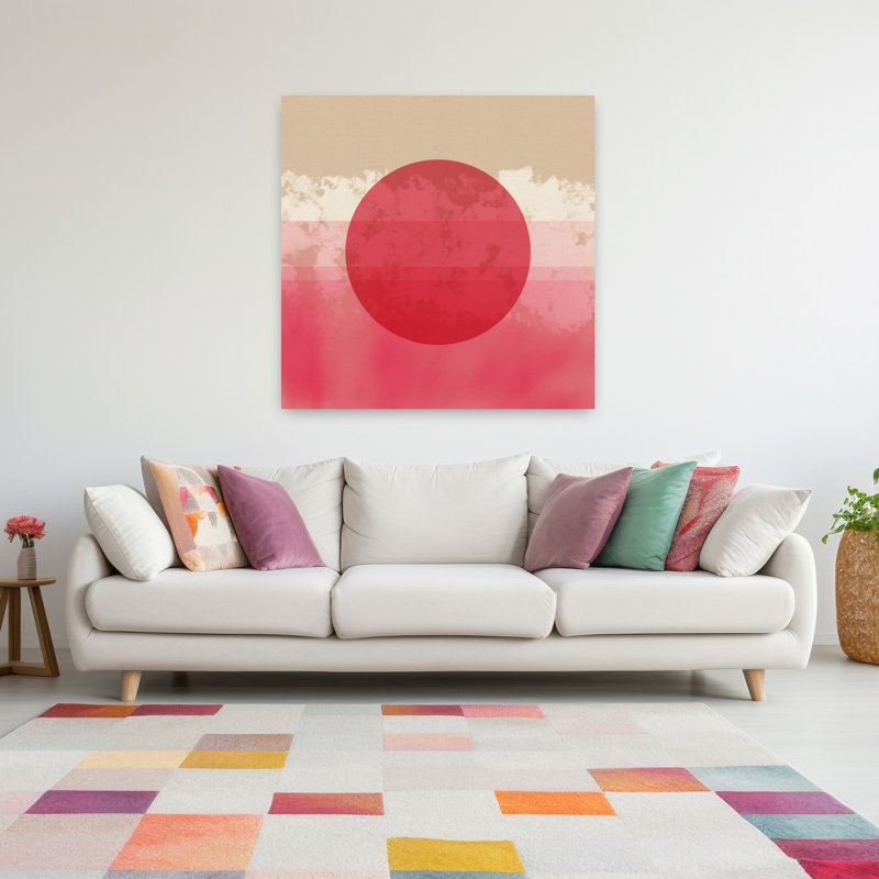 Art contemporain contemporain, paysage géométrique côtier abstrait, Rouge, H 48 po x l 48 po