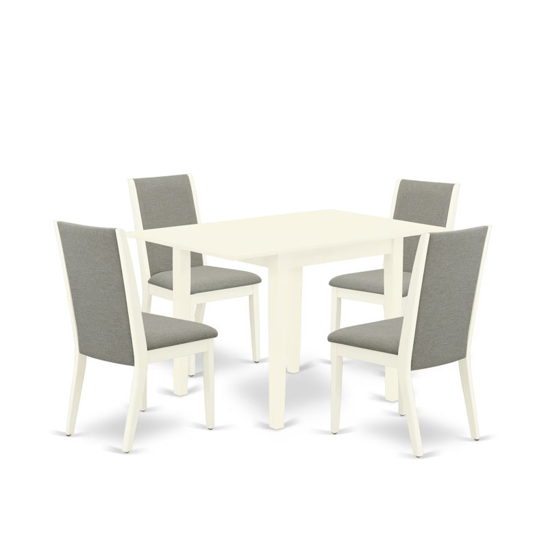 5 Piece Dinette Set for 4 Includes a Rectangle Dining Room Table with Dropleaf and 4 Shitake Linen Fabric Parsons Dining Chairs, Linen White