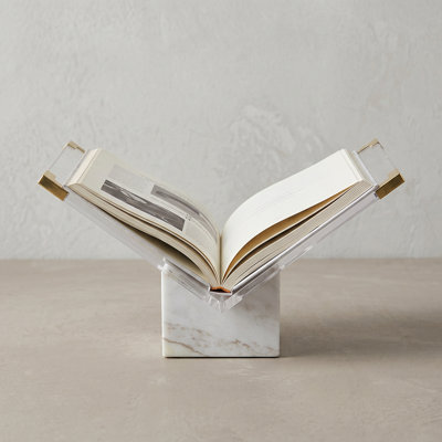 Marble & Acrylic Book Holder with Gold Accents – Modern Coffee Table Book Stand & Display, 11.4" Wide