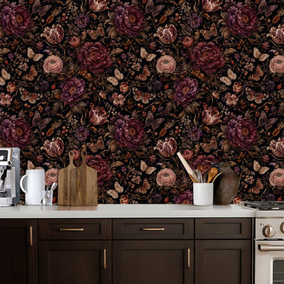 Papier peint à peler et coller avec papillons en papier foncé et pivoines rétro Moody auto-adhésif et amovible 24 po x 118 po (60 x 300 cm)