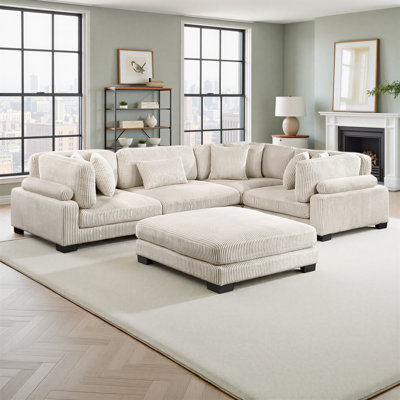 Brinsley 135" Modern 5-Piece Modular Sectional Sofa With Ottoman, Corduroy Upholstery & Foam Over Pocket Coils Comfort
