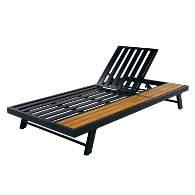 Iron + Teak Finish Wood Chaise Lounge Frame, Iron + Acacia Wood Outdoor Recliner with Flat Storage Surface, 400 lbs Capacity, Adjustable Backrest for Patio Poolside Backyard