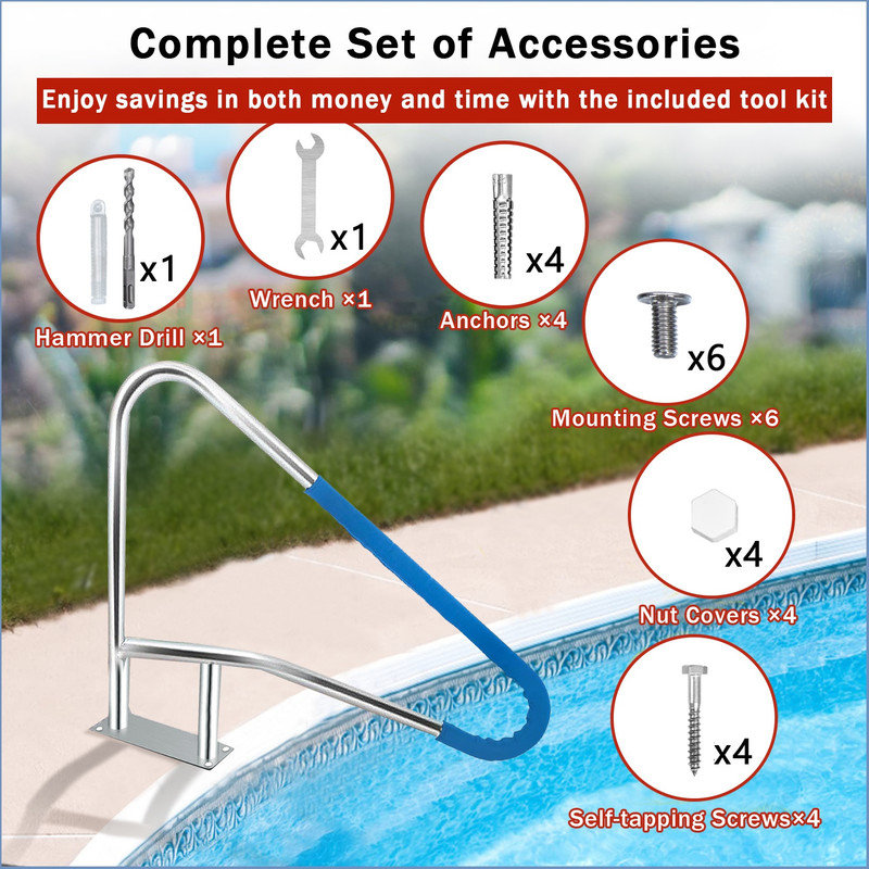 Pool Handrail - 304 Stainless Steel Safety Rail with Non-Slip Blue Grip, 375LB Capacity, Quick Mount Kit for Inground Pools, Spas & Water Parks - Silver