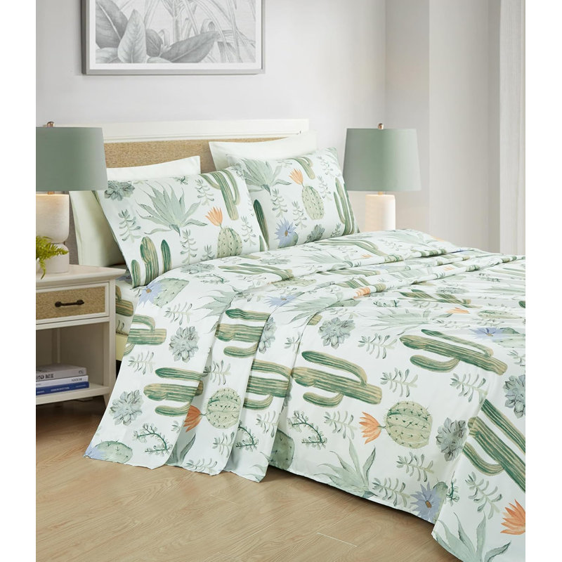 Queen Green Cactus Succulent Print Microfiber Bed Sheet Set