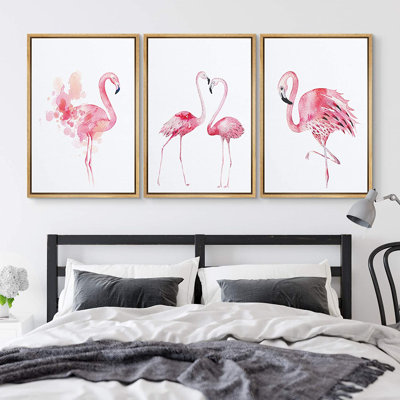 Pink Watercolor Flamingo Bird Animals Simple and Minimalist Framed Canvas 3 Pieces Print Wall Art
