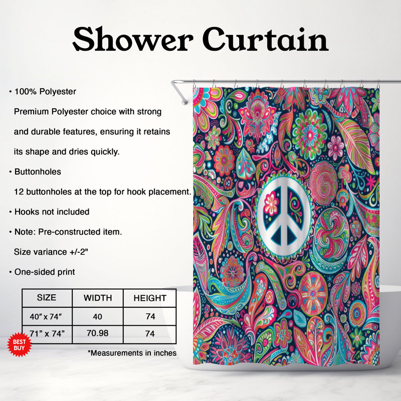 Funky Florals - Rideau de douche standard 1 pièce, H 74 po x l 71 po