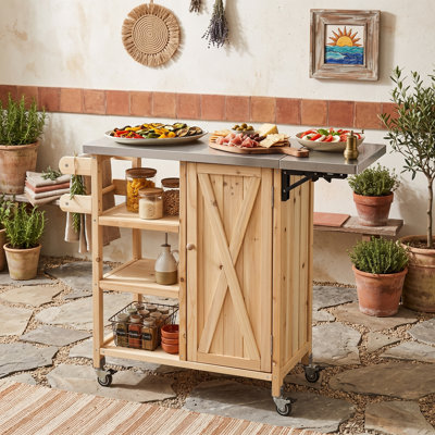 Chariot d'îlot de cuisine pliable pour l'extérieur avec plan de travail en acier inoxydable, armoire, porte-serviettes et roulettes verrouillables