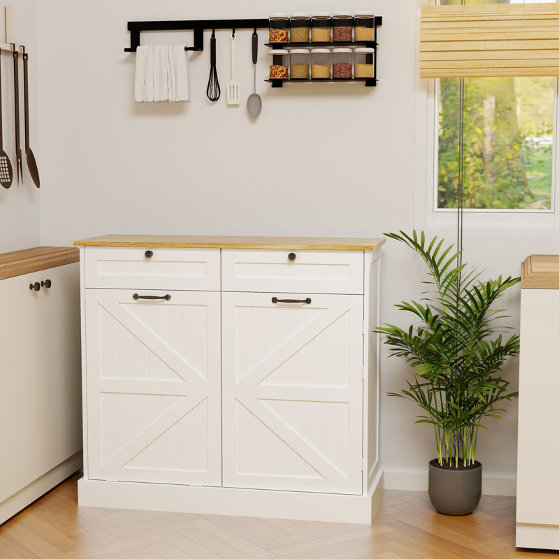 Pantry Cabinet with 2 Drawers, Tilt Out Trash Cabinet and 1 door with storage rack and 2 Shelves