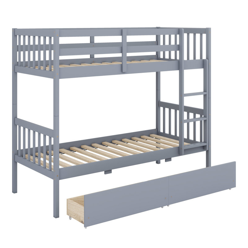 Wood Bunk Bed With 2 Drawers, With Ladder And Safety Guardrails, Convertible Into 2 Beds, Gray