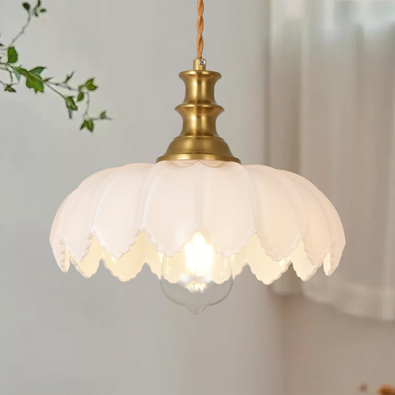 Junathean 1 - Light 10.23"Wide Gold Dome Pendant with Petal Glass Lampshade with Cord, Frosted White, 1