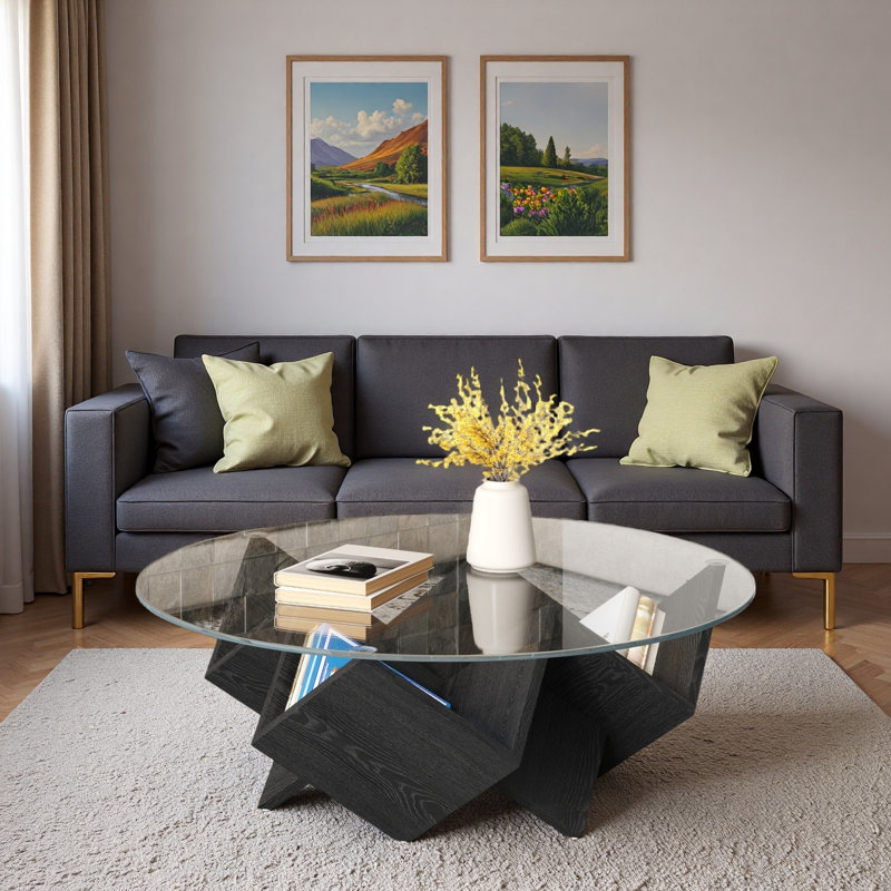 Table basse ronde de 35,4 po avec plateau en verre et tablettes de rangement, Transparent / noir