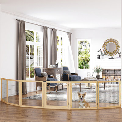 Barrière en bois 170 po pour animaux de compagnie. Barrière pliable pour petits et moyens chiens. 6 avec pieds de soutien. Bois naturel.