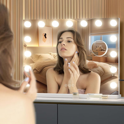 LED Vanity Mirror With Lights - 15 Dimmable Bulbs, 3 Color Modes, Touch Control, 10X Magnifying Mirror, USB Port, Sturdy Metal Frame For Makeup Application
