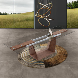 Extendable Glass Top Solid Wood Base Dining Table