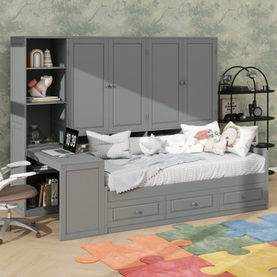 Wooden Daybed Boasting Three Drawers, Comprehensive Storage, Desk, And Shelving