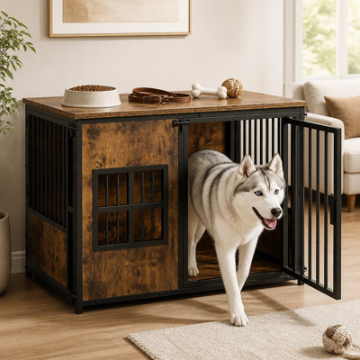 Meuble pour chien 41,3 po en bois robuste avec plateau de rangement, table de bout avec cage pour animal de compagnie à 3 portes, meuble rustique en bois et en métal