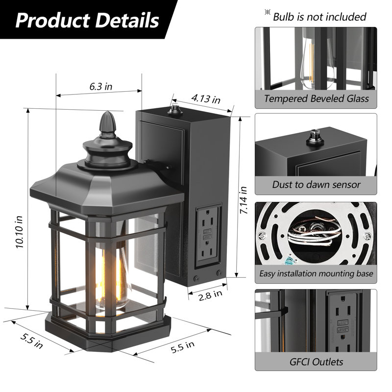 Dusk To Dawn Outdoor Lights With Gfci Outlet Sensor Outside Exterior Porch Wall Light Fixture, Anti-Rust Wall Mount Lantern,Waterproof Wall Sconce,Outside Lights For House Front Door(Bulb Not Include)