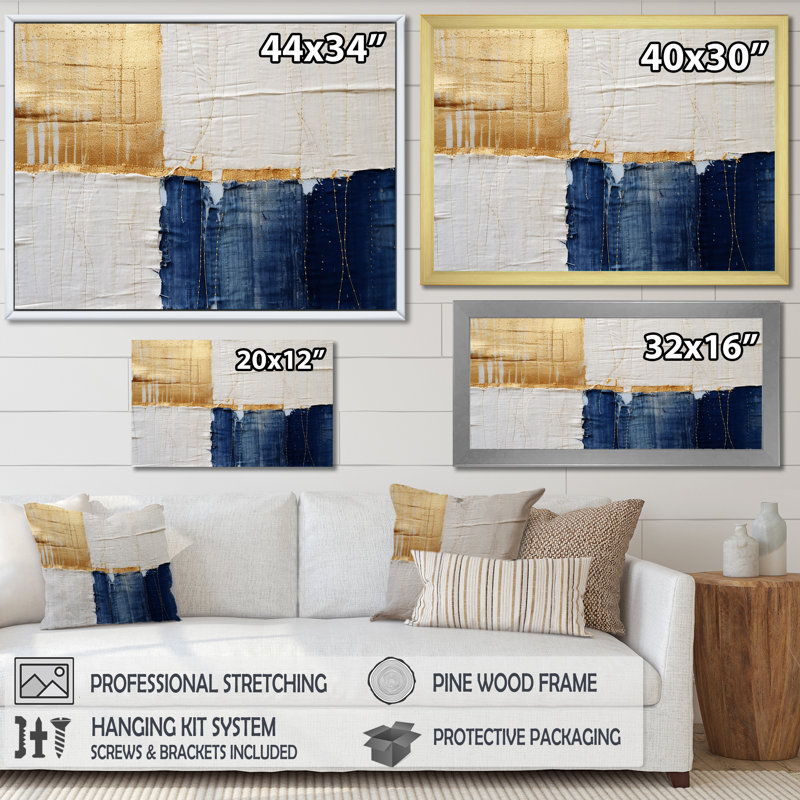 A Touch of Gold and Kings Blue - peinture abstraite, art mural, H 30 po x l 40 po x P 1,5 po, Cadre flottant noir