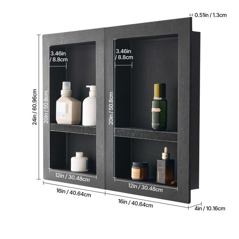 Organisateur de niche encastré pour douche avec base imperméable à trois couches, surface de mortier de ciment à forte charge et installation horizontale ou verticale facile pour les salles de bain.