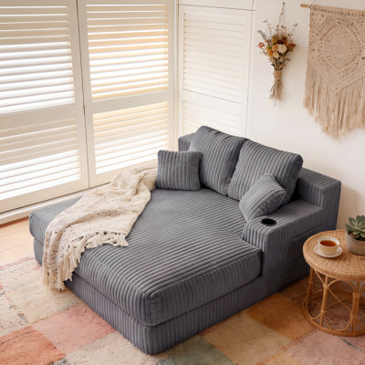  Corduroy Upholstered Chaise Lounge, Plush Chair Bed For Living Room, Sleeper Chair with Pillow, Side Pocket and Cup Holder