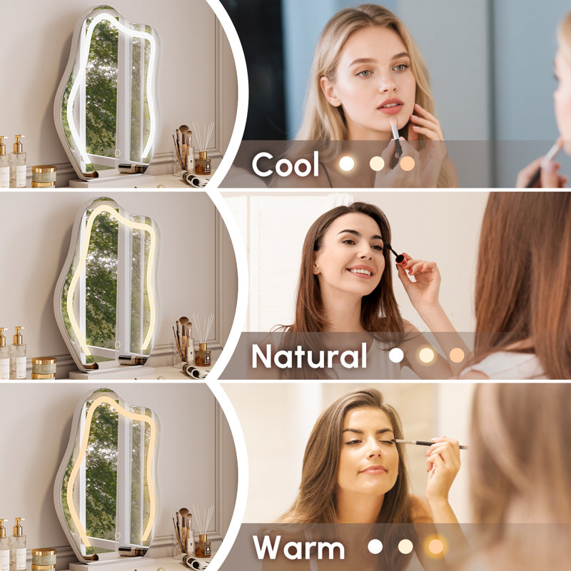 Humply Makeup Vanity Set with Mirror and Lights 40'' to 53'' LED Touchscreen Mirror Five Drawers Ample Storage Included Leather Stool White Faux Leather Engineered Wood Modern Style