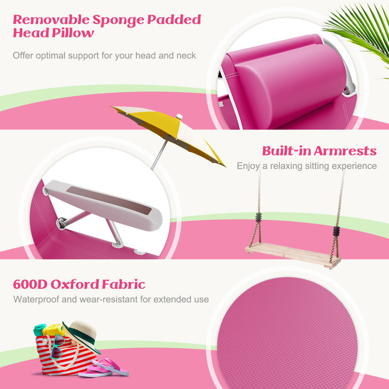 Chaise de plage pliante portative en aluminium légère avec appui-tête et porte-gobelet, Rose