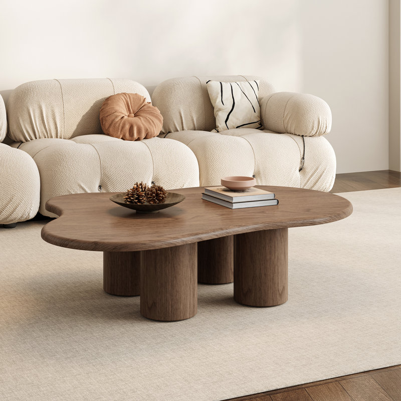 47.26'' Cloud Shape Coffee Table, Brown Wood Coffee Table with 4 Cylindrical Legs, Brown