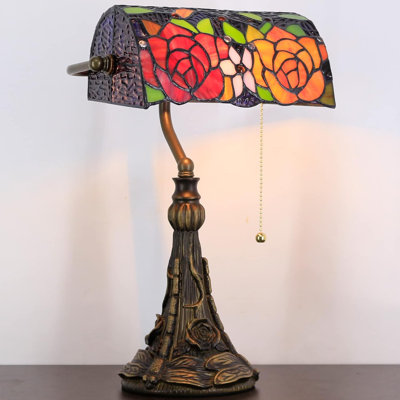 Tiffany Style Banker Lamp With Stained Glass Shade - Adjustable Angle Desk Lamp For Home Office Living Room Bedroom - Handmade Copper Foil Tin Wire Welding - UL Certified