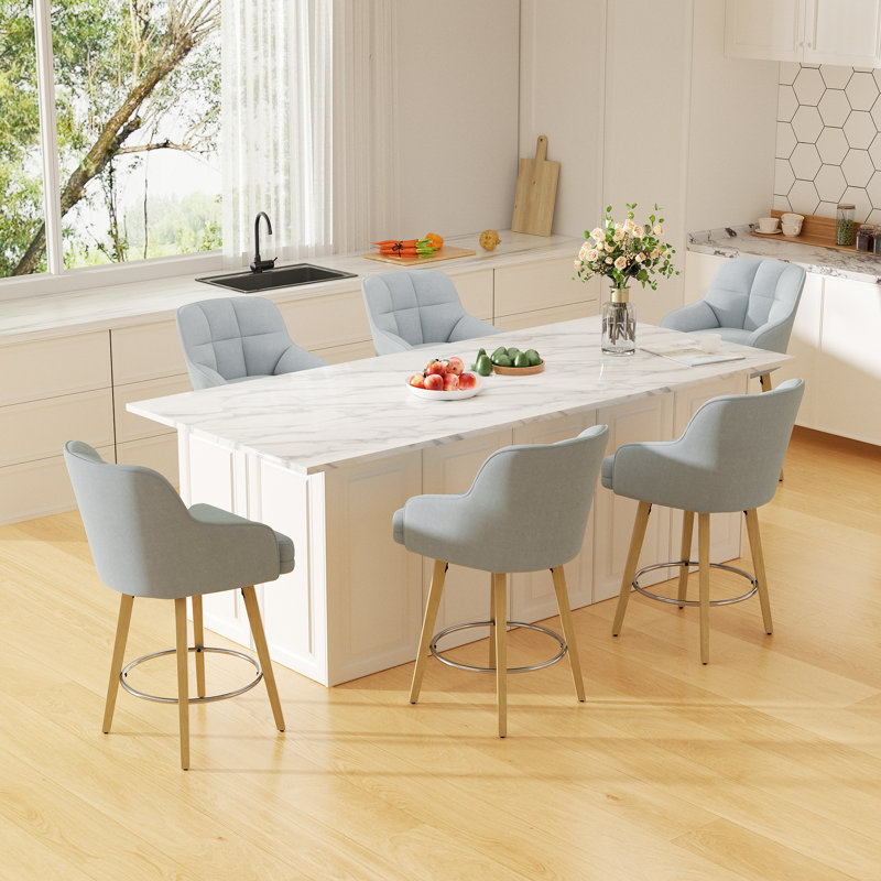 Modern Swivel Bar Stool With Backrest, Armrests And Wood Legs - Counter Height Chair For Kitchen Island, Gray, 6