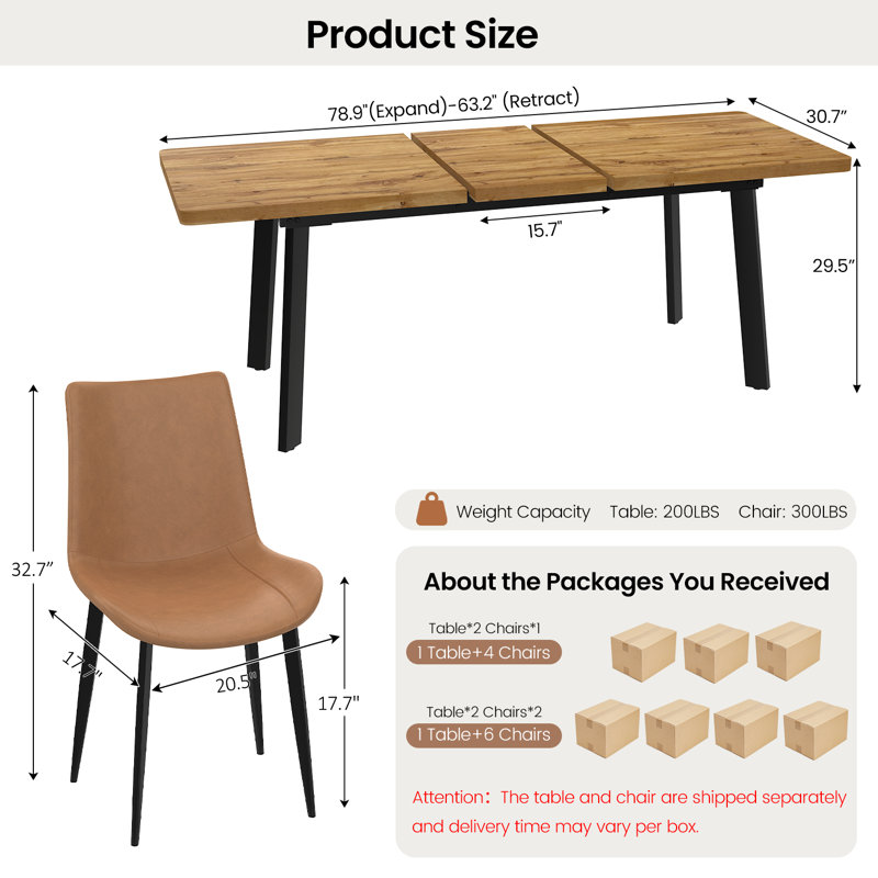 Ensemble de table de salle à manger extensible 63,1 à 78,8 po, table de cuisine moderne 7 pièces avec 6 chaises de salle à manger rembourrées 