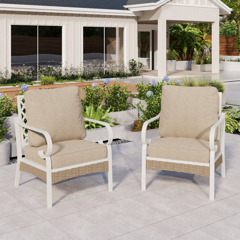 Hepatique Metal Outdoor Lounge Chair & Wicker Decor, Beige Cushion/White Frame