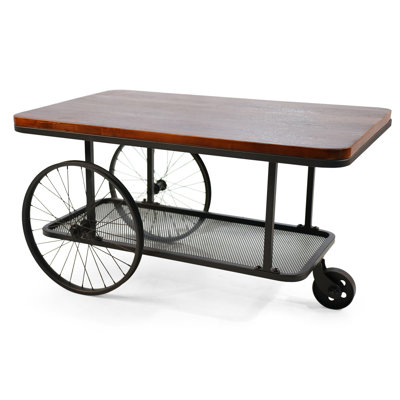 Black Factory Cart Coffee Table, Vintage Center Table With Wheels For Living Room, Rectangular, Metal Frame And Wood Top, Farmhouse, 39.37 Inches, Rus by Williston Forge