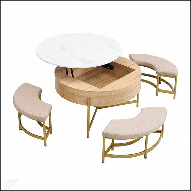 Table basse moderne à plateau relevable avec rangement et trois repose-pieds assortis pour des espaces de vie polyvalents
