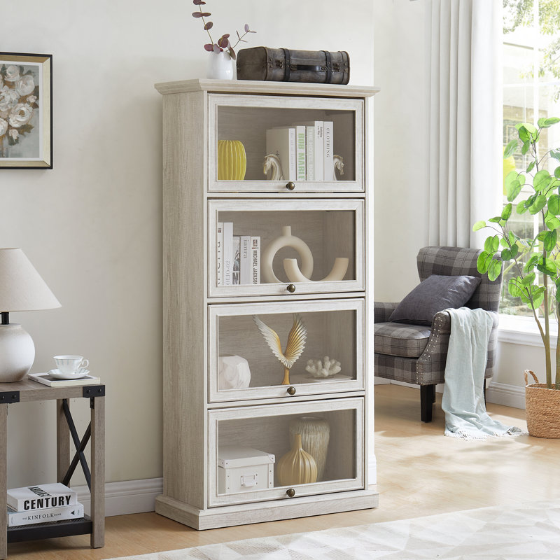 Glass display cabinet 4 Tier Glass Display Cabinet Storage Curio Cabinet with Flip up Glass Doors, White