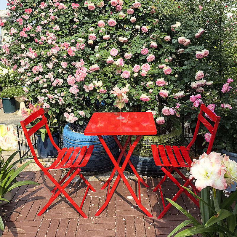 3 Piece Patio Bistro Set Of Foldable Square Table And Chairs, Red