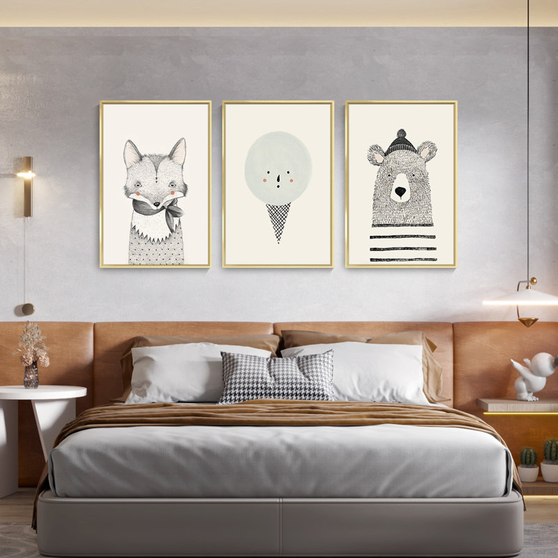 Mignon animaux, art mural encadré en aluminium - ensemble de 3 reproductions d'art sur toile encadrées, Cadre doré
