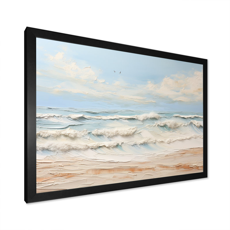 «Modern Coastal Beige and Blue Beach» - art mural océan côtier, Cadre noir, H 12 po x l 20 po x P 1 po