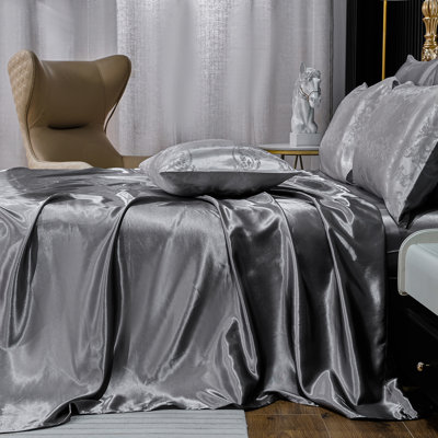 Ensemble d'édredon en jacquard pour grand lit avec draps en satin gris, 8 pièces, broderie royale, décoration florale néo-classique, lit d'hôtel de luxe doux dans un sac avec 1 housse de coussin